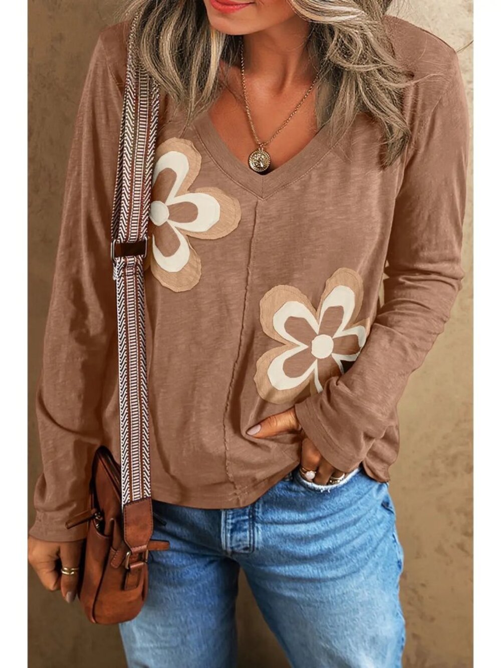 Floral Patchwork V Neck Long Sleeve T-Shirt Top